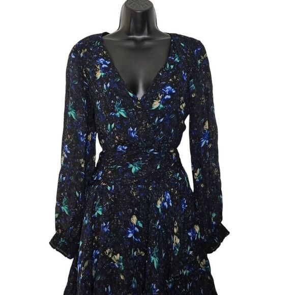 Anthropologie Ruched Floral Mini Dress Size Medium Long Sleeve V-Neck - Picture 3 of 10